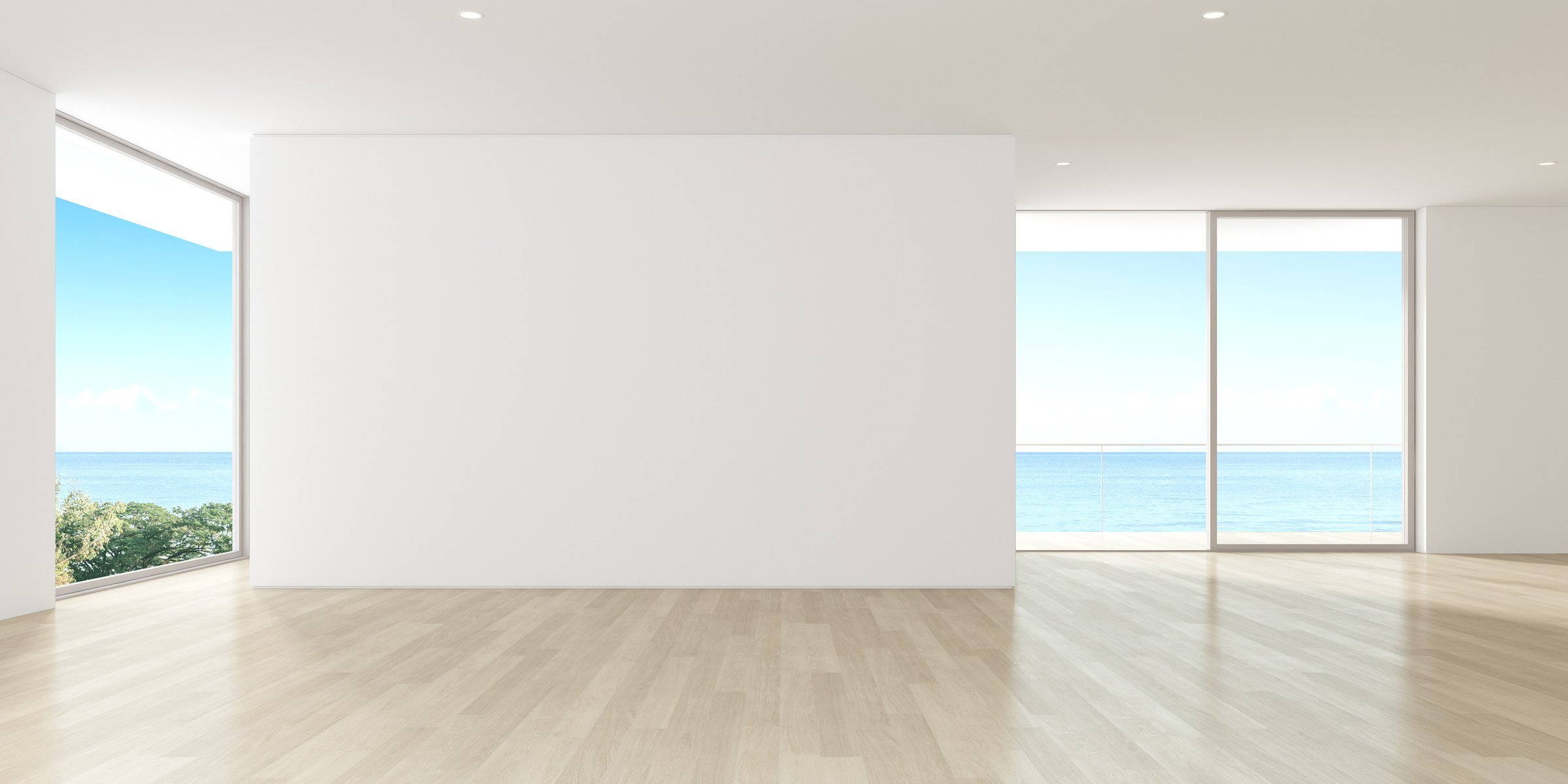 3D Rendering of an Empty Room with Wooden Floor and Plain Wall on Sea