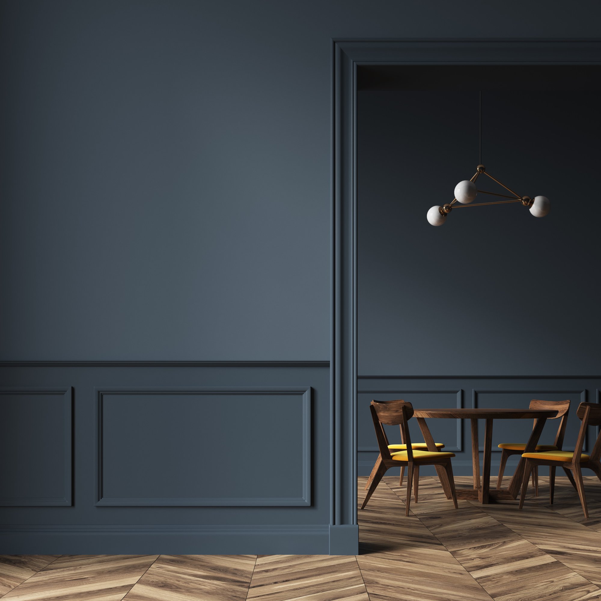 Black dining room, wooden chairs, door and wall